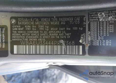 2004 BMW 325Xi z USA, uszkodzony, nr VIN WBAEU33444PR07368